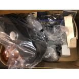 BOX CONTAINING A PAIR OF WALKIE TALKIES, CUBE TV, TWO EMERGENCY LIGHTS,