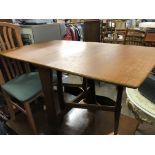 NARROW TEAK DROP FLAP TABLE AND FOUR GREEN UPHOLSTERED DINING CHAIRS