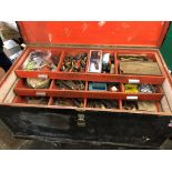 LARGE PINE TOOL CHEST ON WHEELS WITH FITTED SLIDING TRAYS OF VARIOUS TOOLS