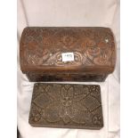 TWO CARVED WOODEN BOXES CONTAINING OLD CURRENCY AND VINTAGE KEYS