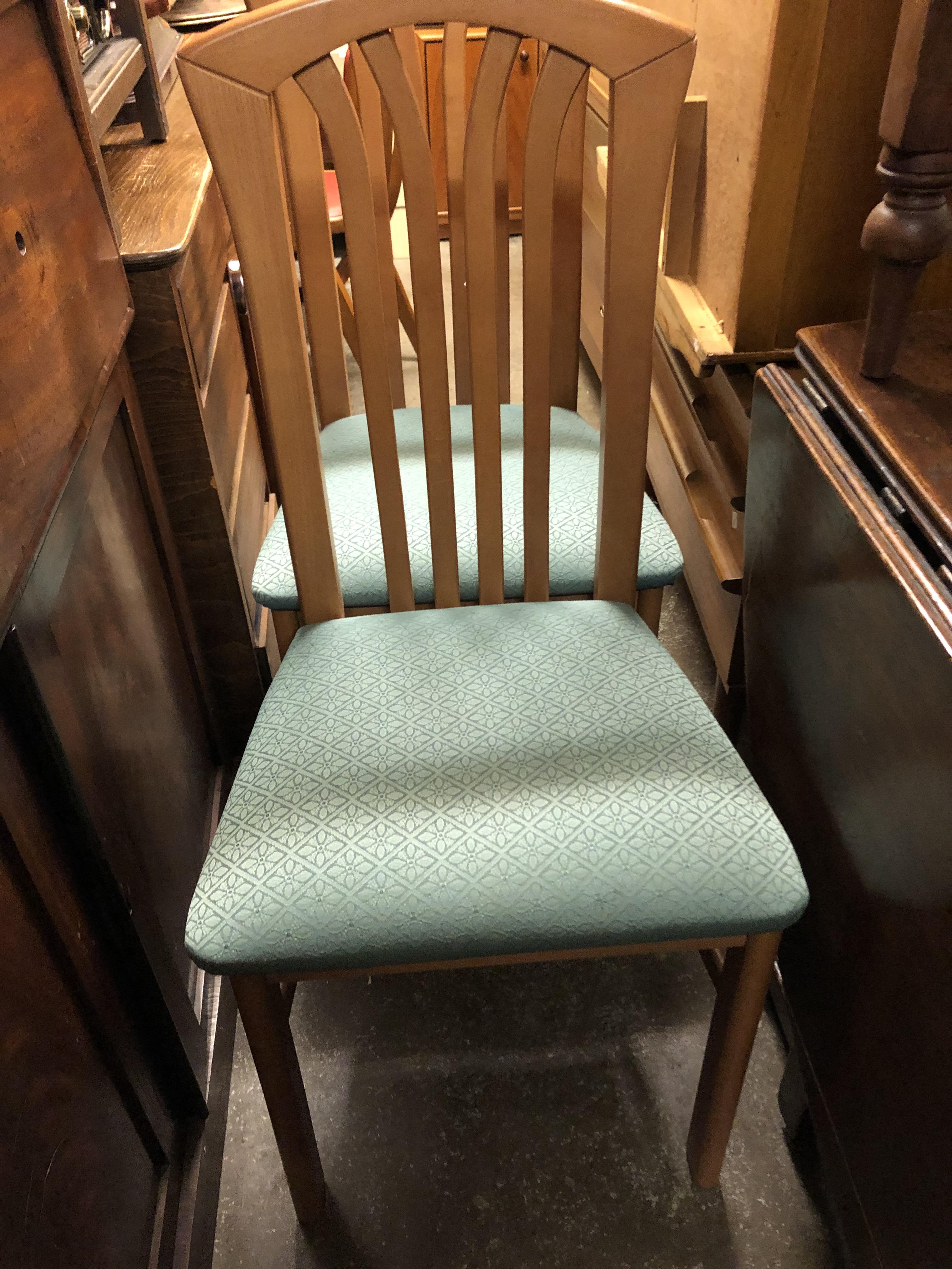 NARROW TEAK DROP FLAP TABLE AND FOUR GREEN UPHOLSTERED DINING CHAIRS - Image 5 of 6