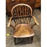 EARLY 19TH CENTURY ELM AND BEECH HOOP BACK COUNTRY ELBOW CHAIR