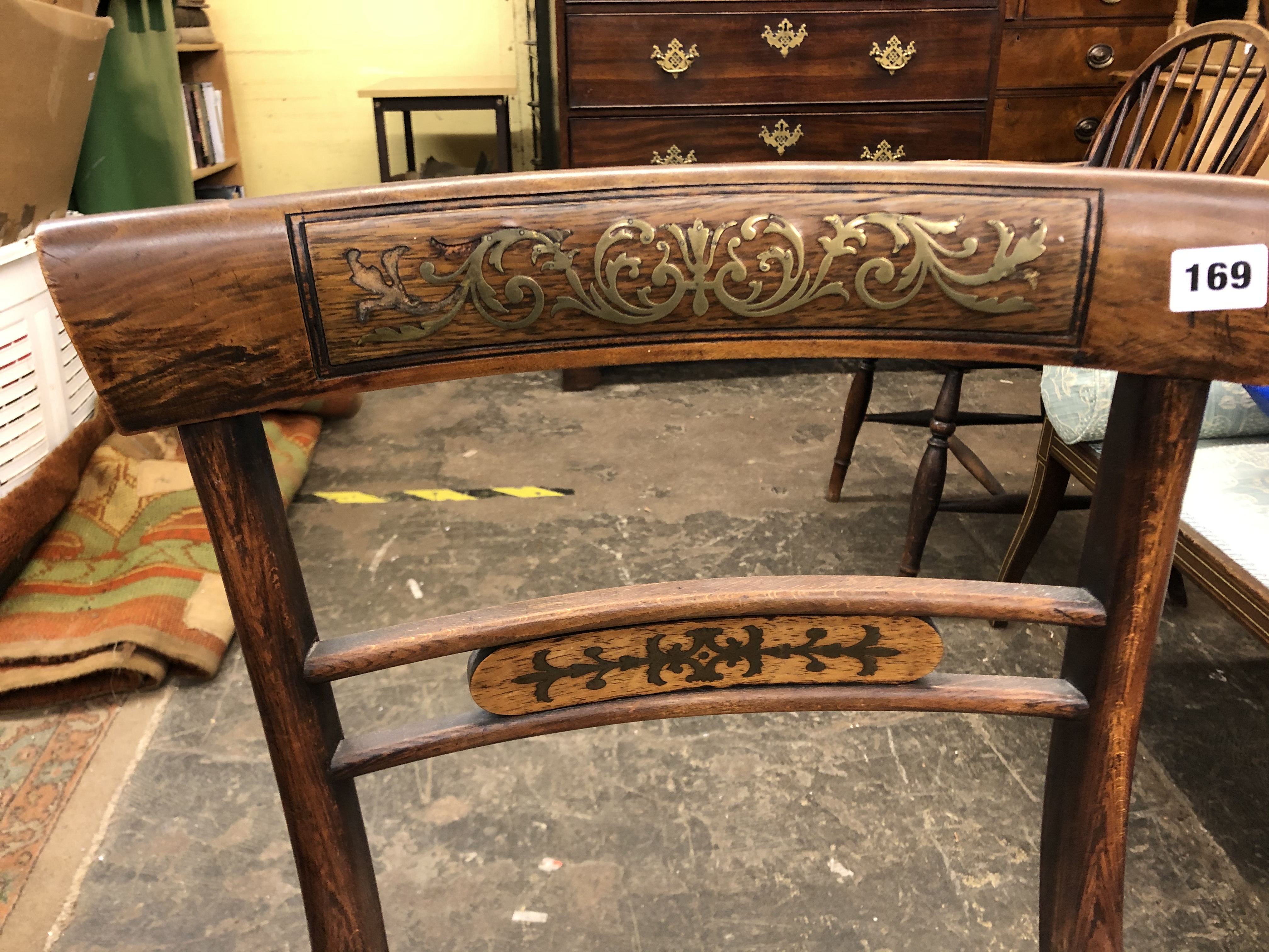 REGENCY ROSEWOOD CUT BRASS INLAID BAR BACK SABRE LEG CHAIR - Image 3 of 4