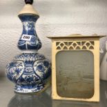FAIENCE DOUBLE GOURD VASE CONVERTED TO ELECTRICITY 36CM H AND A HALL LANTERN WITH THREE GLASS