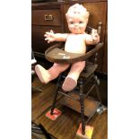 BEECH FOLDING HIGH CHAIR WALKER AND CELULOID DOLL