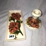 MOORCROFT HIBISCUS PATTERN OBLONG TRAY AND SQUAT CANDLE HOLDER