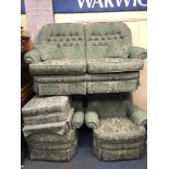 GREEN BROCADE FLORAL THREE PIECE SUITE AND STORAGE FOOTSTOOL