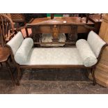 EDWARDIAN MARQUETRY BOX LINE INLAID LYRE BACKED WINDOW BENCH WITH UPHOLSTERED SEAT AND BOLSTER