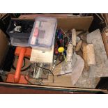 CARTON OF VARIOUS SCREWDRIVERS, PLASTERERS FLOATS AND TROWELS, PLUMBERS BOMBE,