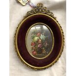 OIL ON COPPER MINIATURE STILL LIFE OF FLOWERS IN A GILT METAL AND VELVET FRAME