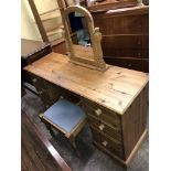 PINE KNEEHOLE DRESSING TABLE WITH STOOL AND PINE TOILET MIRROR