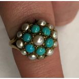 9CT GOLD SEED PEARL AND TURQUOISE CLUSTER RING, ONE PEARL MISSING 3.