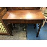 GEORGE III MAHOGANY RECTANGULAR FOLD OVER TOP TEA TABLE WITH CHAMFERED LEGS AND FRET PIERCED