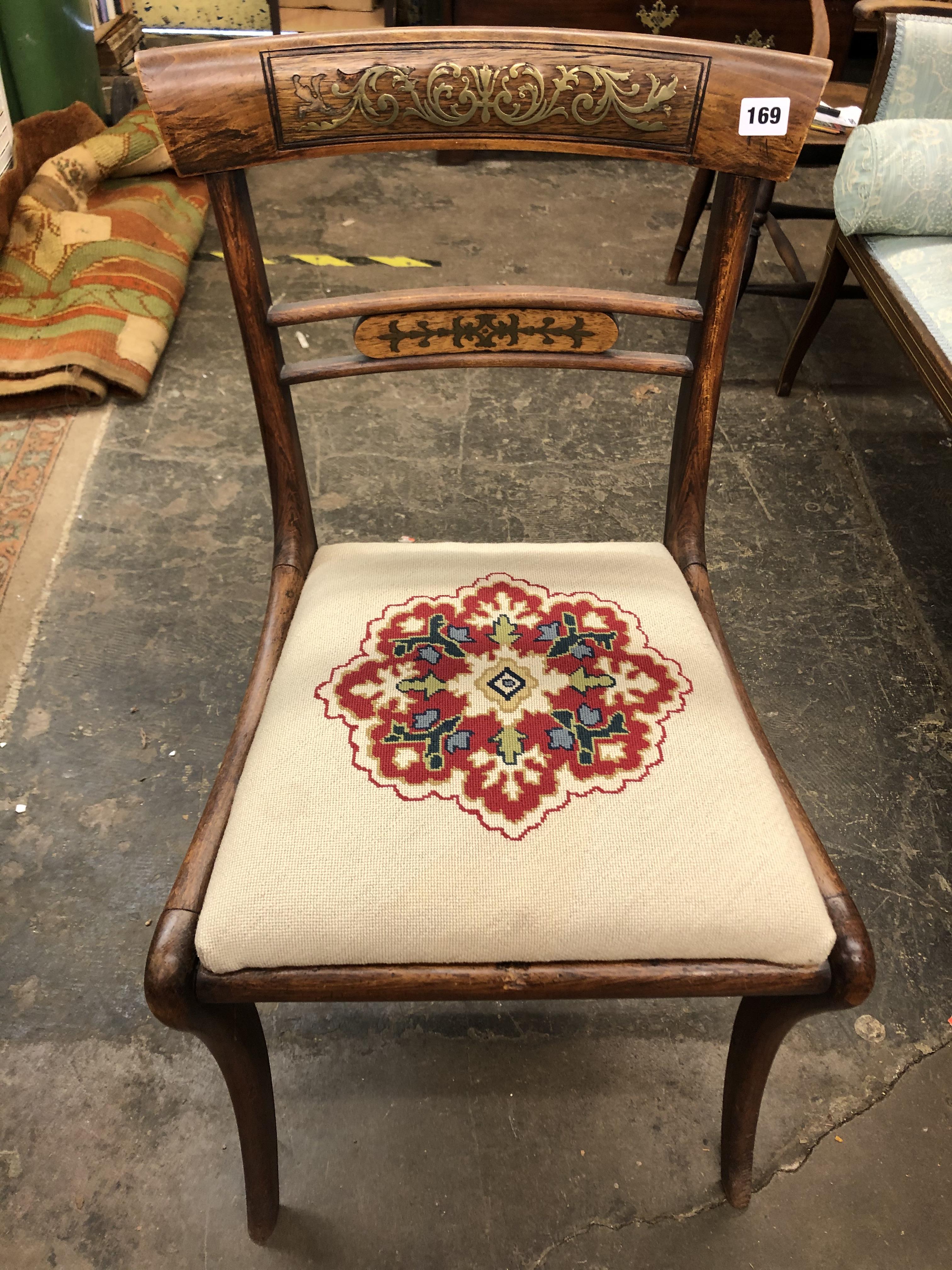 REGENCY ROSEWOOD CUT BRASS INLAID BAR BACK SABRE LEG CHAIR