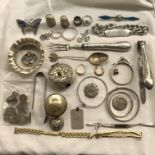 SMALL BOX OF VARIOUS SMALL SILVER ITEMS INCLUDING INGOT, CHILD'S BANGLES,