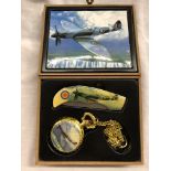 BOXED SPITFIRE COLLECTION PLATED FULL HUNTER POCKET WATCH ON PLATED CHAIN WITH POCKET KNIFE