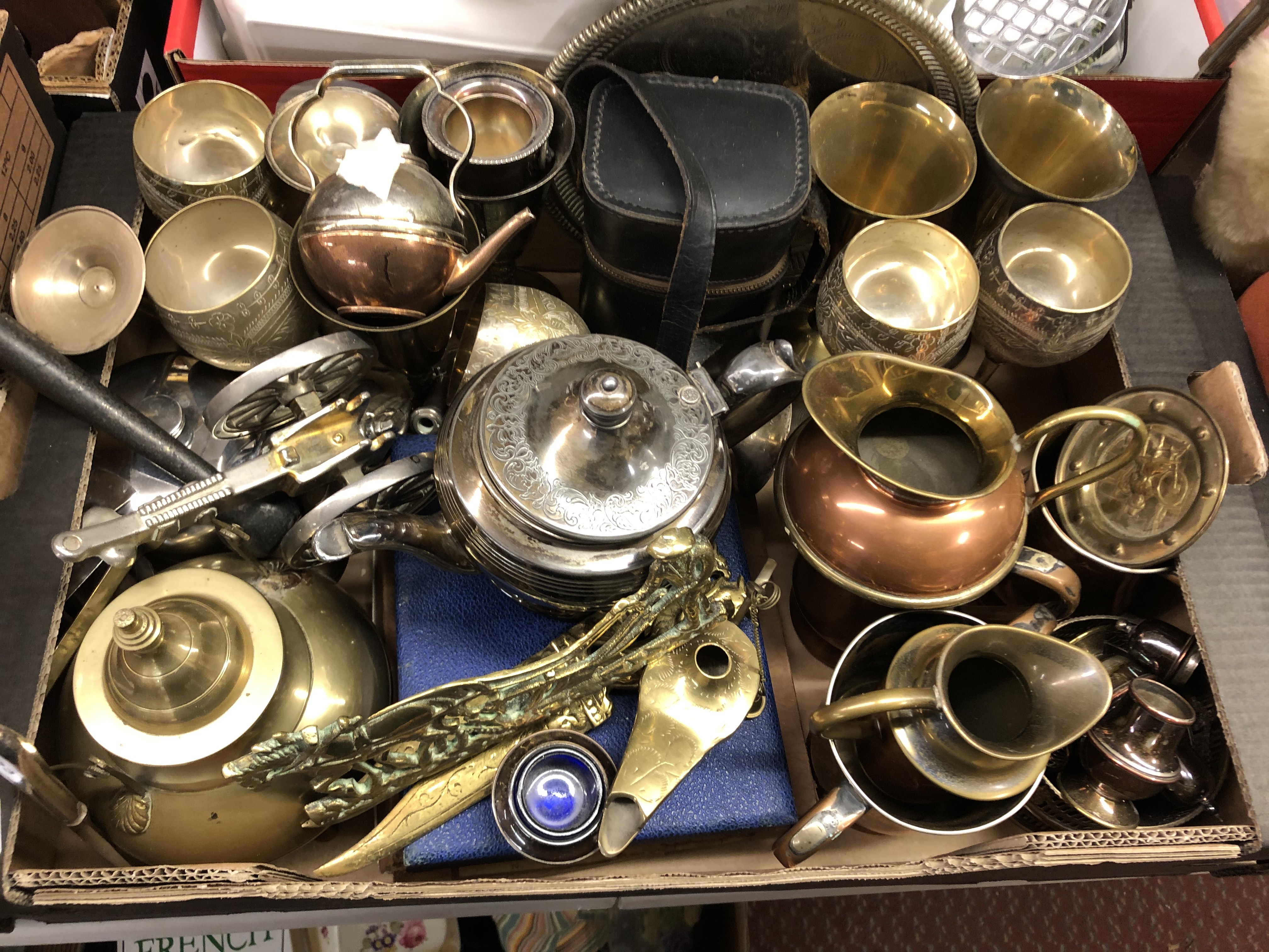 CARTON CONTAINING METALWARES INCLUDING COPPER JUGS, PLATED TANKARDS,