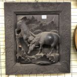 EASTERN CARVED HARDWOOD PANEL OF A TIGER ATTACKING A WATER BUFFALO 44CM X 49CM