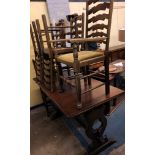 REPRODUCTION DRAWER LEAF REFECTORY TABLE AND SIX LADDER BACK CHAIRS 76CM H X 122CM (UNOPENED)/