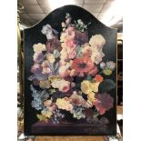 ARCHED EASEL BACKED SCREEN PRINTED WITH A STILL LIFE OF FLOWERS AFTER VAN RAYDEN 70CM H X 50CM W