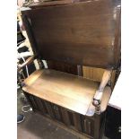 REPRODUCTION OAK LINEN FOLD BOX SEAT MONKS BENCH HEIGHT UNOPENED 74CM X HEIGHT OPENED 120CM X 89CM