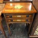 20TH CENTURY SATIN WOOD YEW CROSS BANDED PAINTED TABLE FITTED WITH TWO SHALLOW DRAWERS 72CM H X