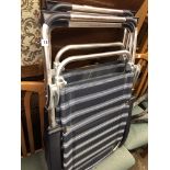 TWO STRIPED MESH AND METAL FRAMED FOLDING GARDEN/BEACH CHAIRS