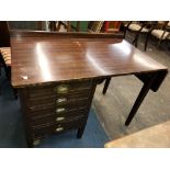 MID 20TH CENTURY OAK DROPFLAP DESK WITH FIVE DRAWER PEDESTAL 74CM X 97CM (UNOPENED)/120CM (OPENED)