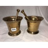 PAIR OF BRASS PESTLES AND MORTARS