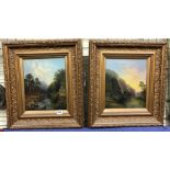PAIR OF 20TH CENTURY OIL ON CANVAS - WOODED RIVER LANDSCAPES IN ORNATE GILT FRAMES,