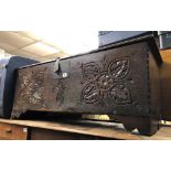17TH CENTURY SIX PLANK BOARDED CHEST WITH CARVED DECORATION 44CM H X 109CM W X 39CM D