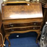 REPRODUCTION BURR WALNUT CROSS BANDED QUEEN ANNE STYLE BUREAU 98CM H X 76CM W X45CM D