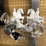 PAIR OF BISQUE EQUESTRIAN FIGURES, GLASS SWAN,