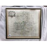 ANTIQUARIAN TINTED PRINT OF WARWICKSHIRE BY ROBERT MORDEN 43CM X 37CM