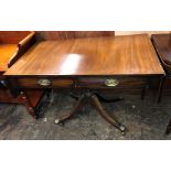 GEORGE IV MAHOGANY DROP FLAP SOFA TABLE FITTED WITH TWO REAL AND TWO DUMMY DRAWERS ON A BULBOUS