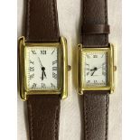 TWO CASED SQUARE FACED WRIST WATCHES ON LEATHER STRAPS