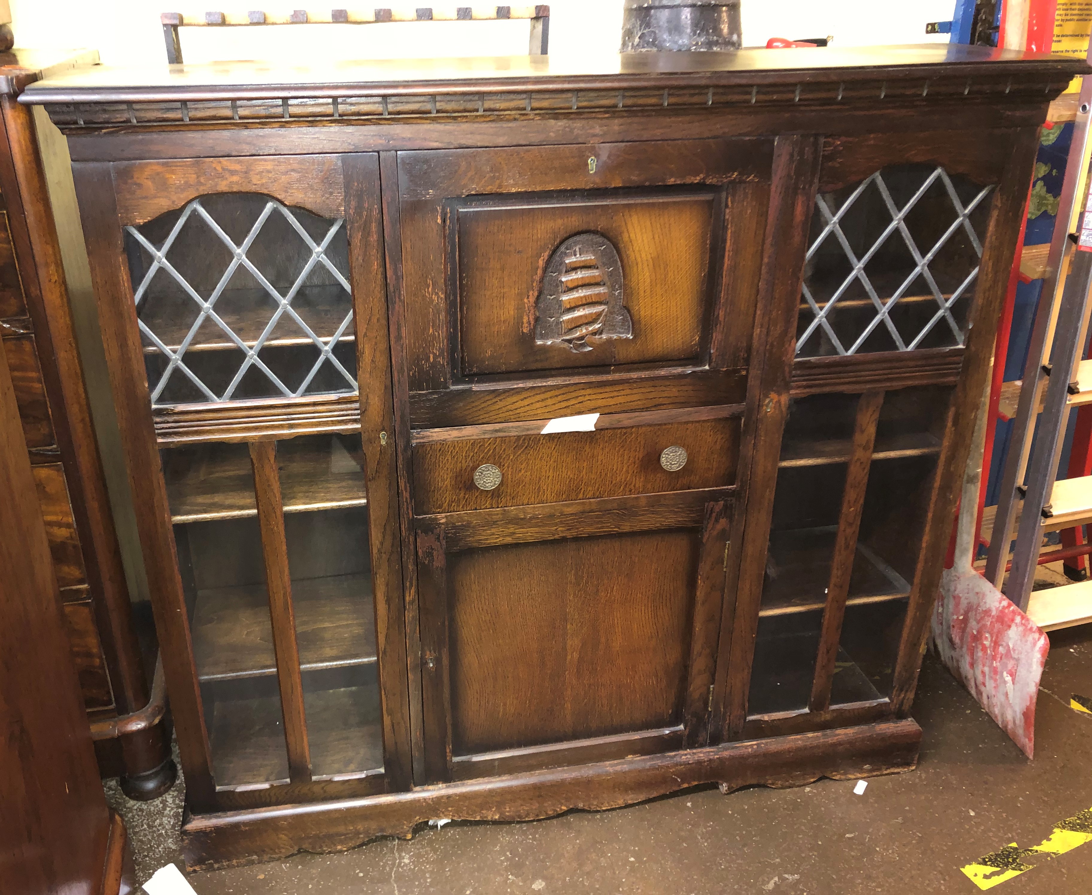 OAK LEADED GLAZED BUREAU SIDE BY SIDE CABINET 119CM HIGH X 129 WIDE X 30CM DEPTH