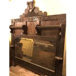VICTORIAN JACOBEAN REVIVAL CHIP CARVED OVER MANTLE WITH HERALDIC CRESTING DATED 1890,