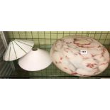 RED FLECK MOTTLED PLAFONNIER AND TWO GLASS SHADES 35CM DIAMETER,