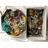 SHOEBOX AND A BISCUIT TIN OF VARIOUS COSTUME BEADS, BANGLES, ATOMISERS, PASTE BROOCHES,