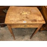 ROSEWOOD AND MARQUETRY INLAID TABLE WITH FITTED COMPARTMENTED FRIEZE DRAWER ON SLIGHTLY OUTSWEPT