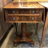 VICTORIAN MAHOGANY DROP FLAP PEDESTAL TABLE FITTED WITH TWO REAL AND TWO FAUX DRAWERS ON A CONCAVE