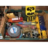 BOX CONTAINING THREE PIECE STANLEY RATCHET WRENCH, DEWALT DRILL BIT SETS AND SINGLE DRILLS,