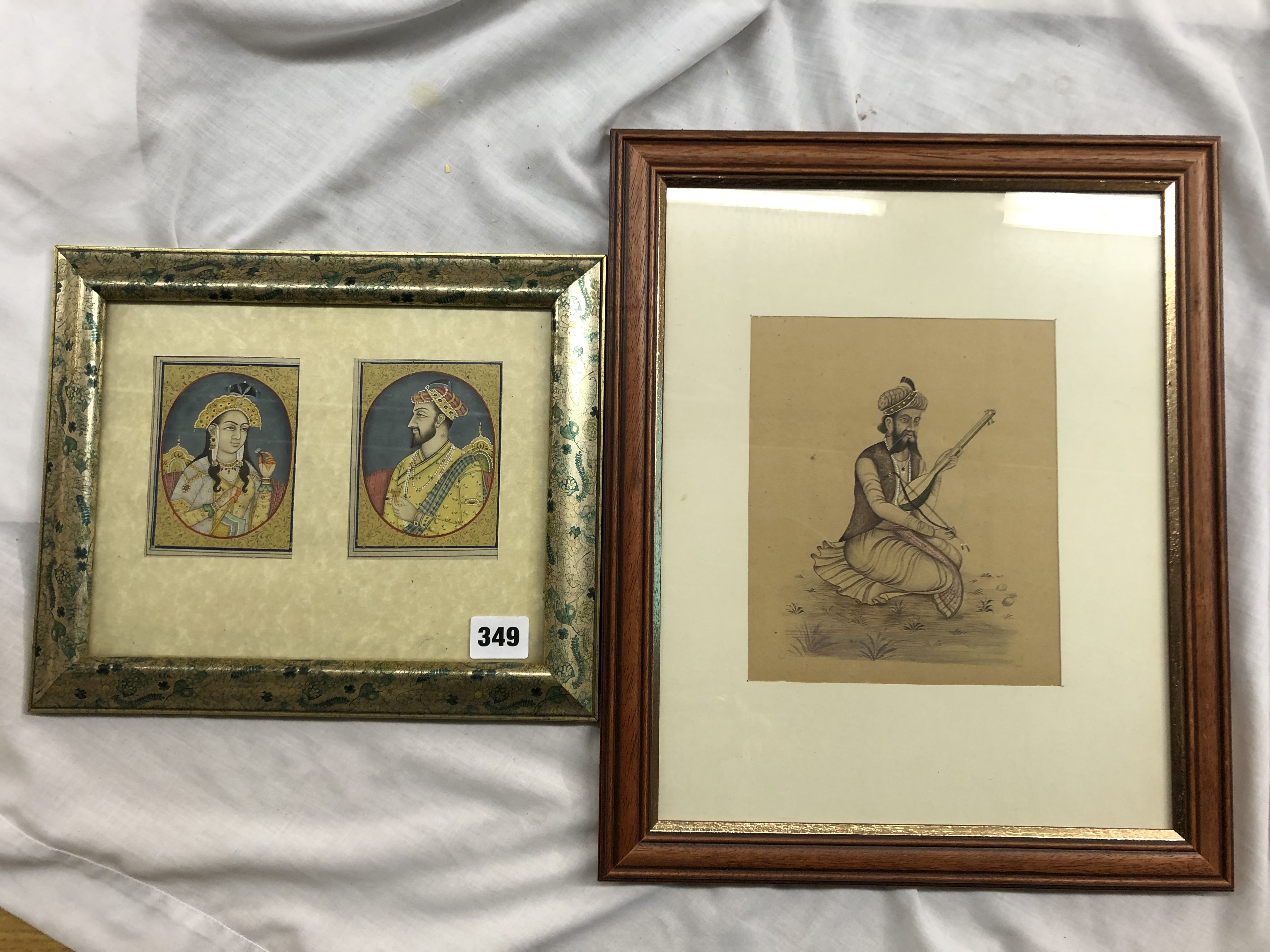 MUGHAL PAINTING OF A PRINCE AND PRINCESS 8CM X 10CM AND A KNEELING MUSICIAN PLAYING AN ESRAJ 16CM X