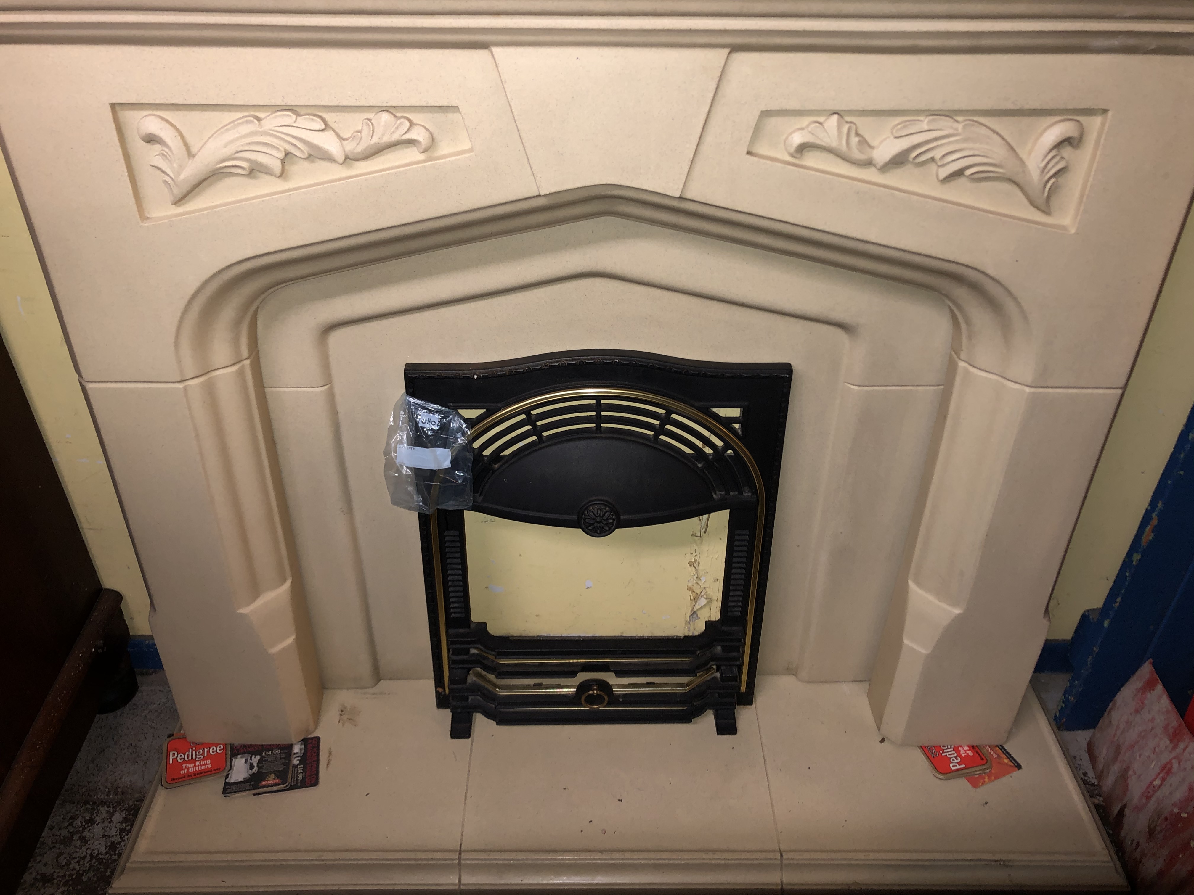 RECONSTITUTED STONE NORMAN STYLE FIRE PLACE WITH BACK PANEL AND HEARTH WIDTH 137 X HEIGHT 115CM