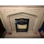 RECONSTITUTED STONE NORMAN STYLE FIRE PLACE WITH BACK PANEL AND HEARTH WIDTH 137 X HEIGHT 115CM