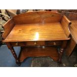 VICTORIAN MAHOGANY GALLERY BACKED WASH STAND FITTED WITH CENTRAL FAUX DRAWER FLANKED BY TWO REAL