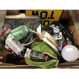 BOX CONTAINING OIL DISPENSER, BICYCLE LIGHTS,