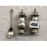 PAIR OF SILVER BALUSTER CONDIMENTS AND A SINGLE SILVER TEASPOON