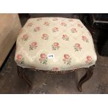 VICTORIAN FLORAL UPHOLSTERED GILDED FRAMED CABRIOLE LEG STOOL 42CM H X 44CM W X 44CM D